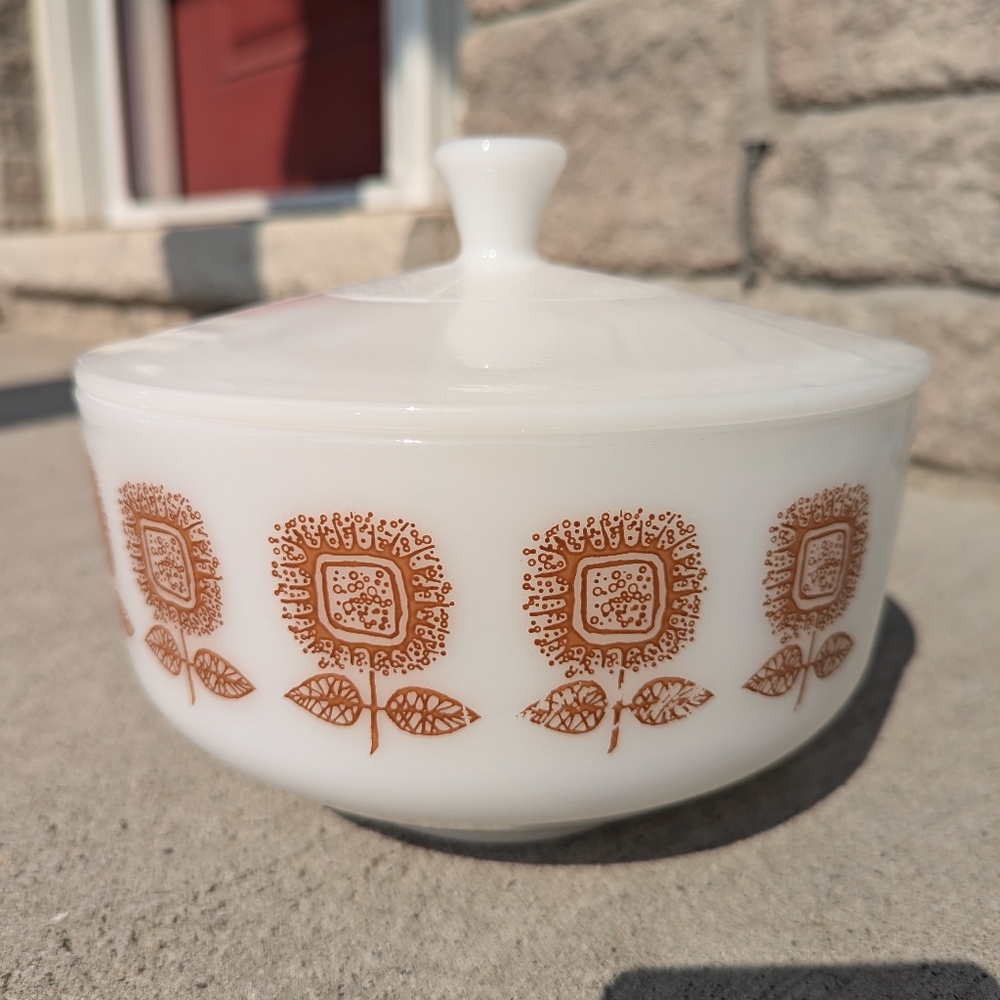 Vintage Fire King Sunflowers Casserole Dish With Lid 8 Inches